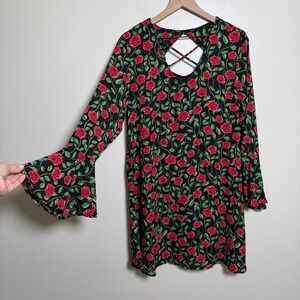 Disney Snow White Women Dress L Black Red Rose Print Bell Sleeve Whimsigoth